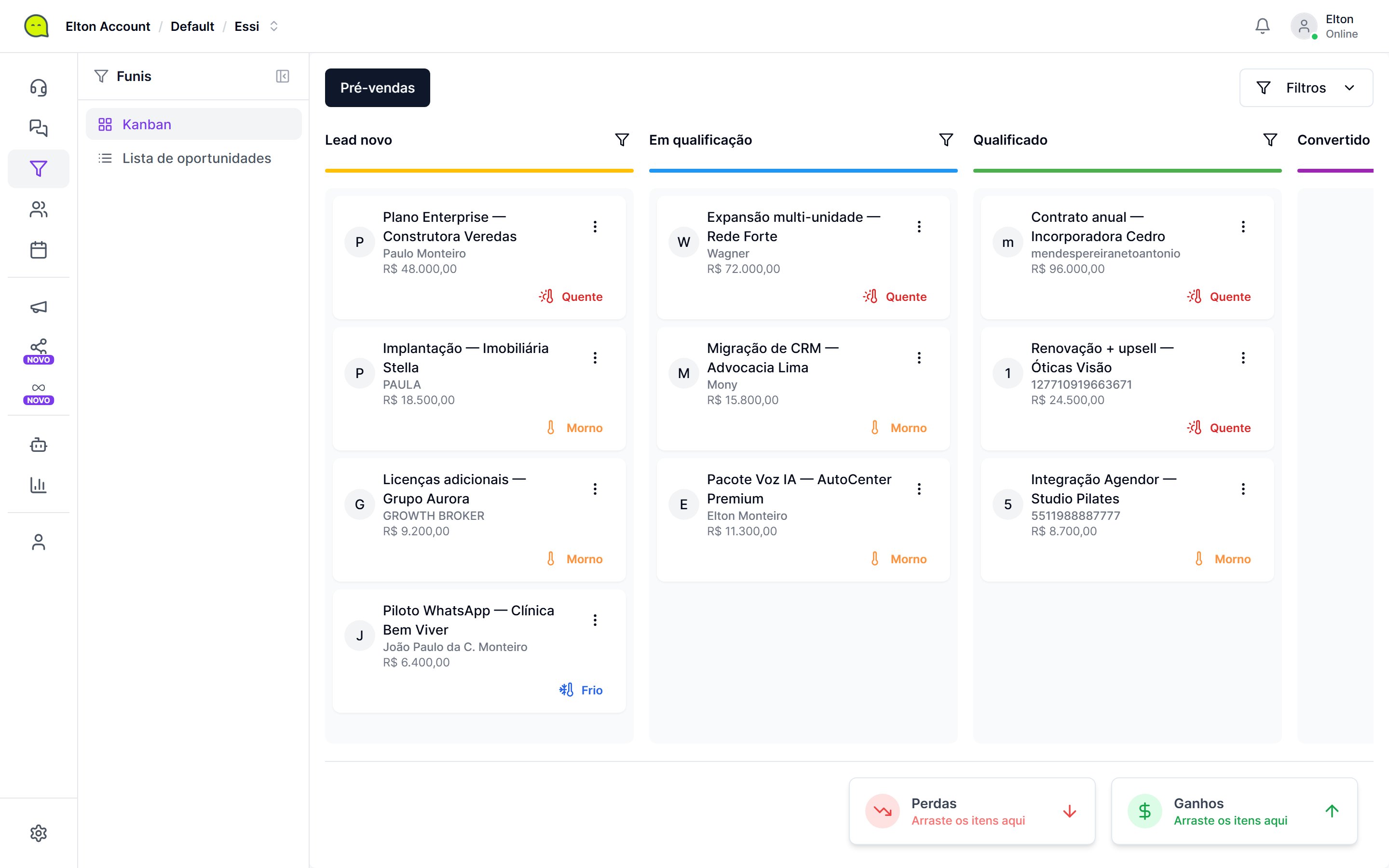 Funil de vendas em kanban da Voorks com oportunidades, valores e temperatura